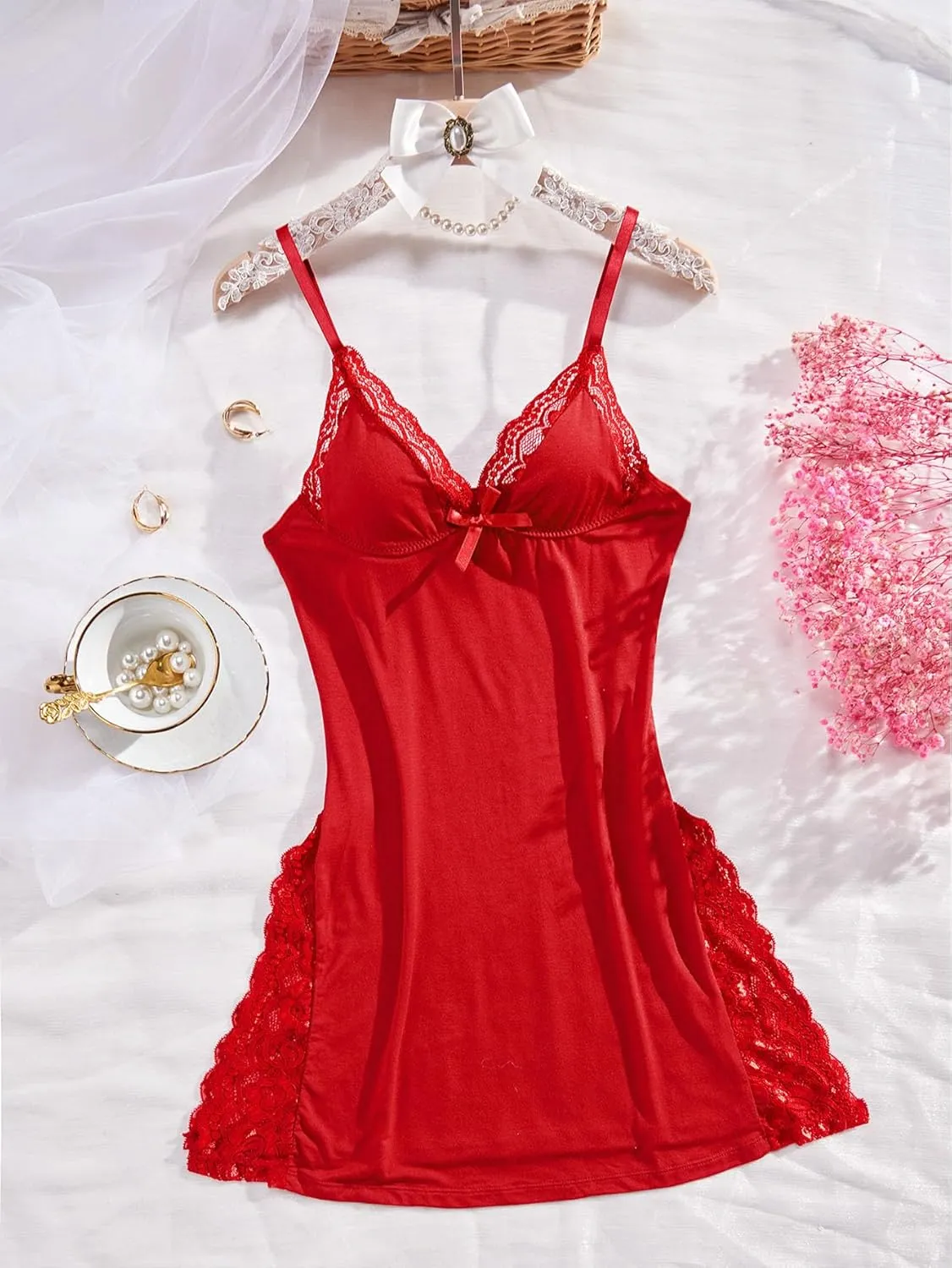Sexy Split Side Floral Lace Trim Full Slip Night Gown Babydoll Lingerie Dress