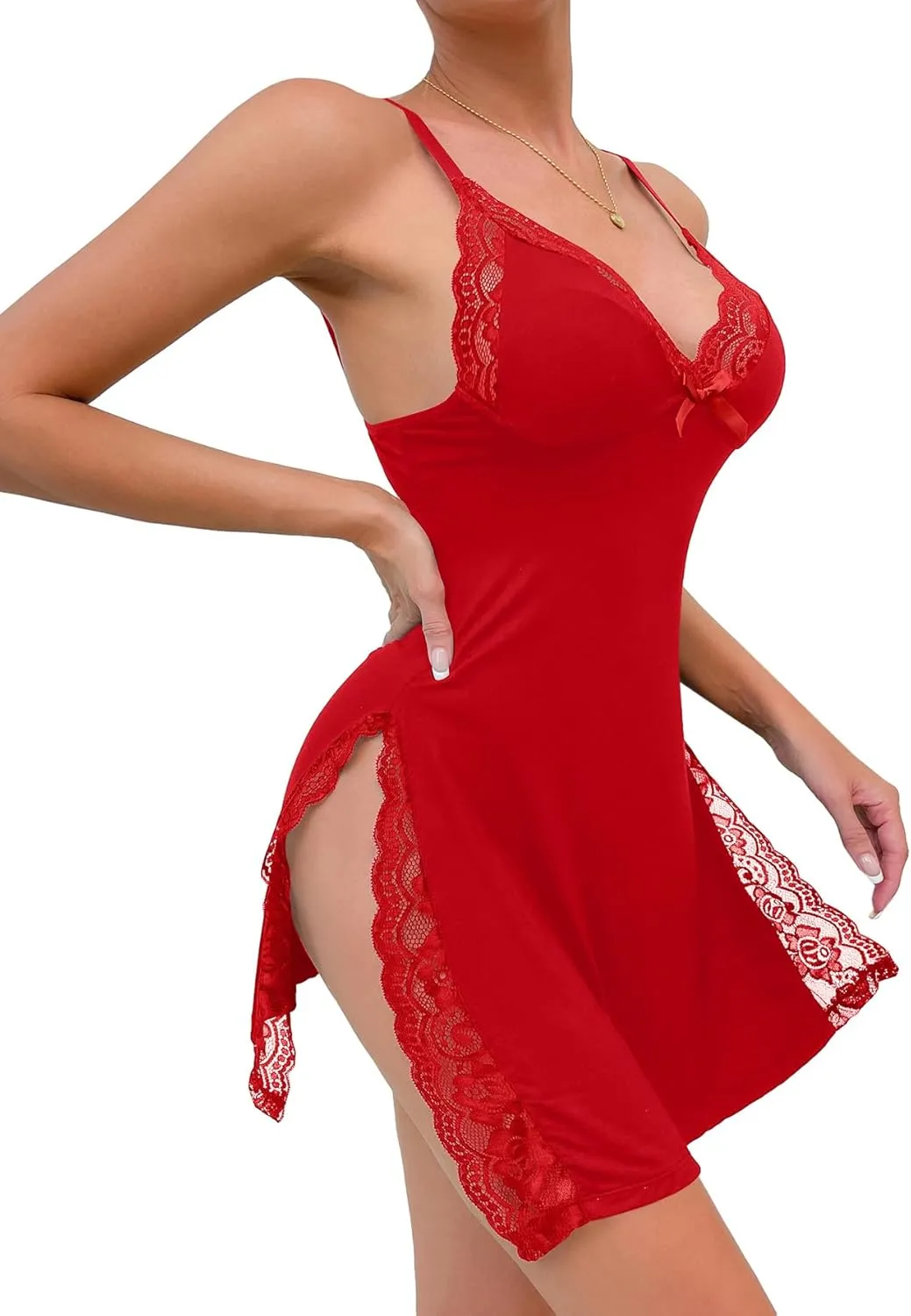 Sexy Split Side Floral Lace Trim Full Slip Night Gown Babydoll Lingerie Dress
