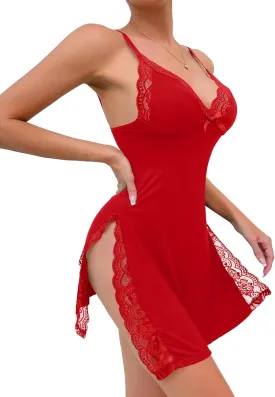 Sexy Split Side Floral Lace Trim Full Slip Night Gown Babydoll Lingerie Dress