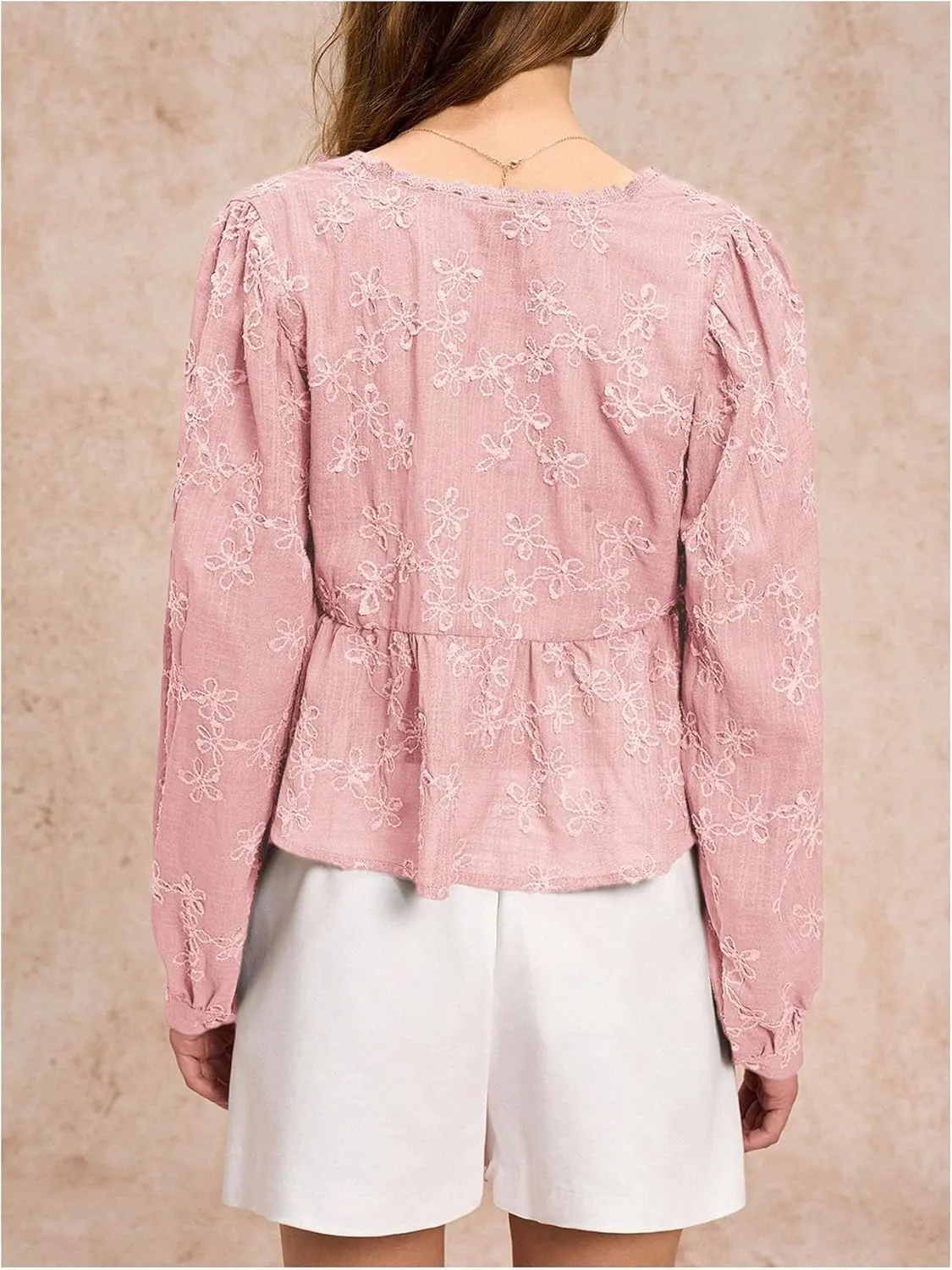 SHENHE Women's Floral Embroidered Long Sleeve Button Crop Blouse Sheer Dressy Top Shirt