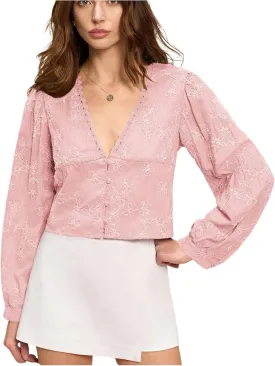 SHENHE Women's Floral Embroidered Long Sleeve Button Crop Blouse Sheer Dressy Top Shirt