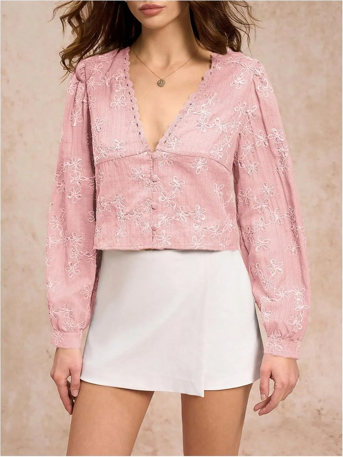 SHENHE Women's Floral Embroidered Long Sleeve Button Crop Blouse Sheer Dressy Top Shirt