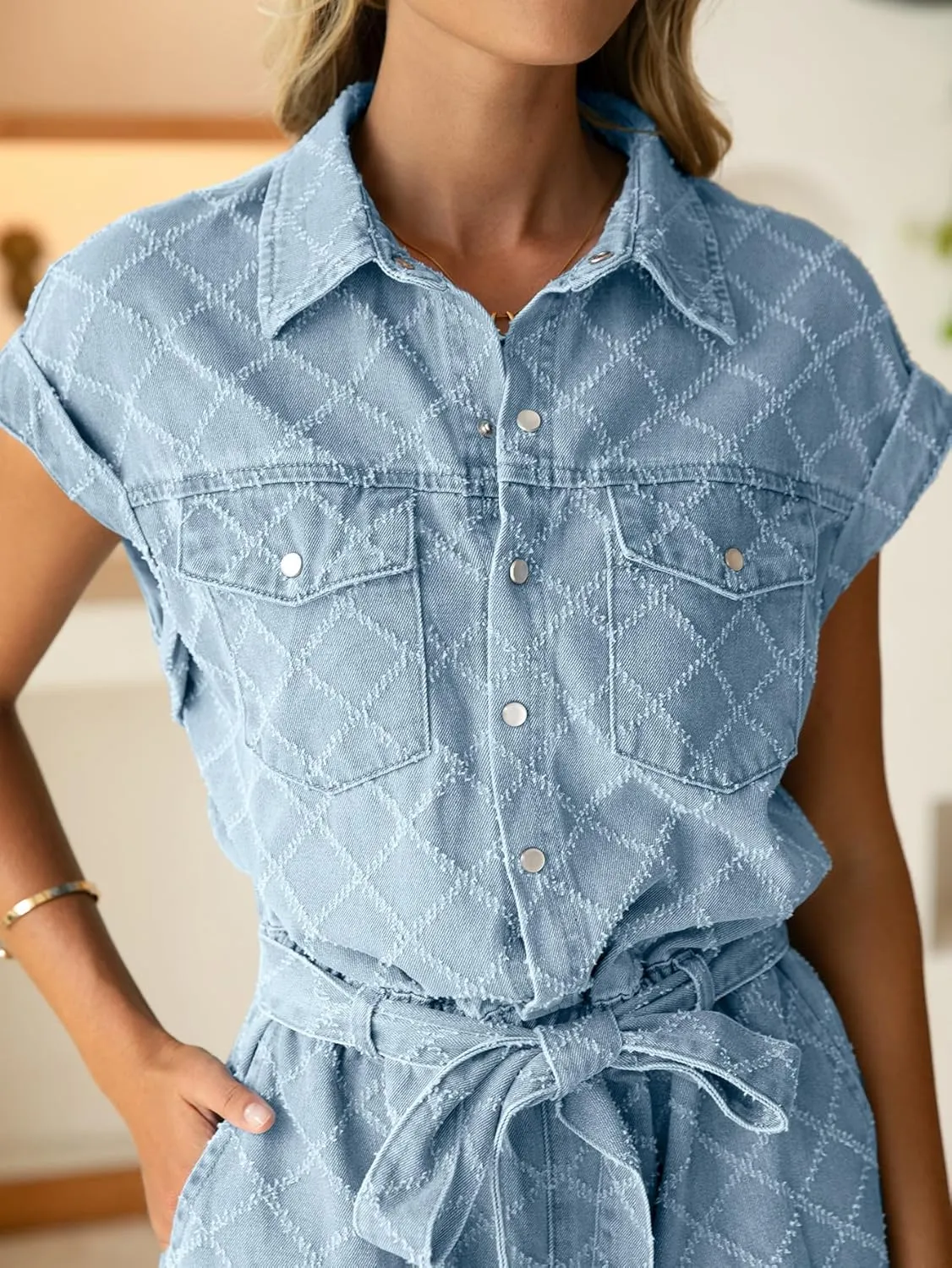 Simplee Womens 2025 Denim Romper Casual Short Sleeve Cargo Jean Romper Overall Shorts With Pockets