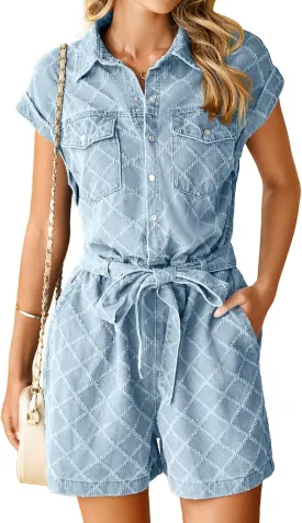 Simplee Womens 2025 Denim Romper Casual Short Sleeve Cargo Jean Romper Overall Shorts With Pockets