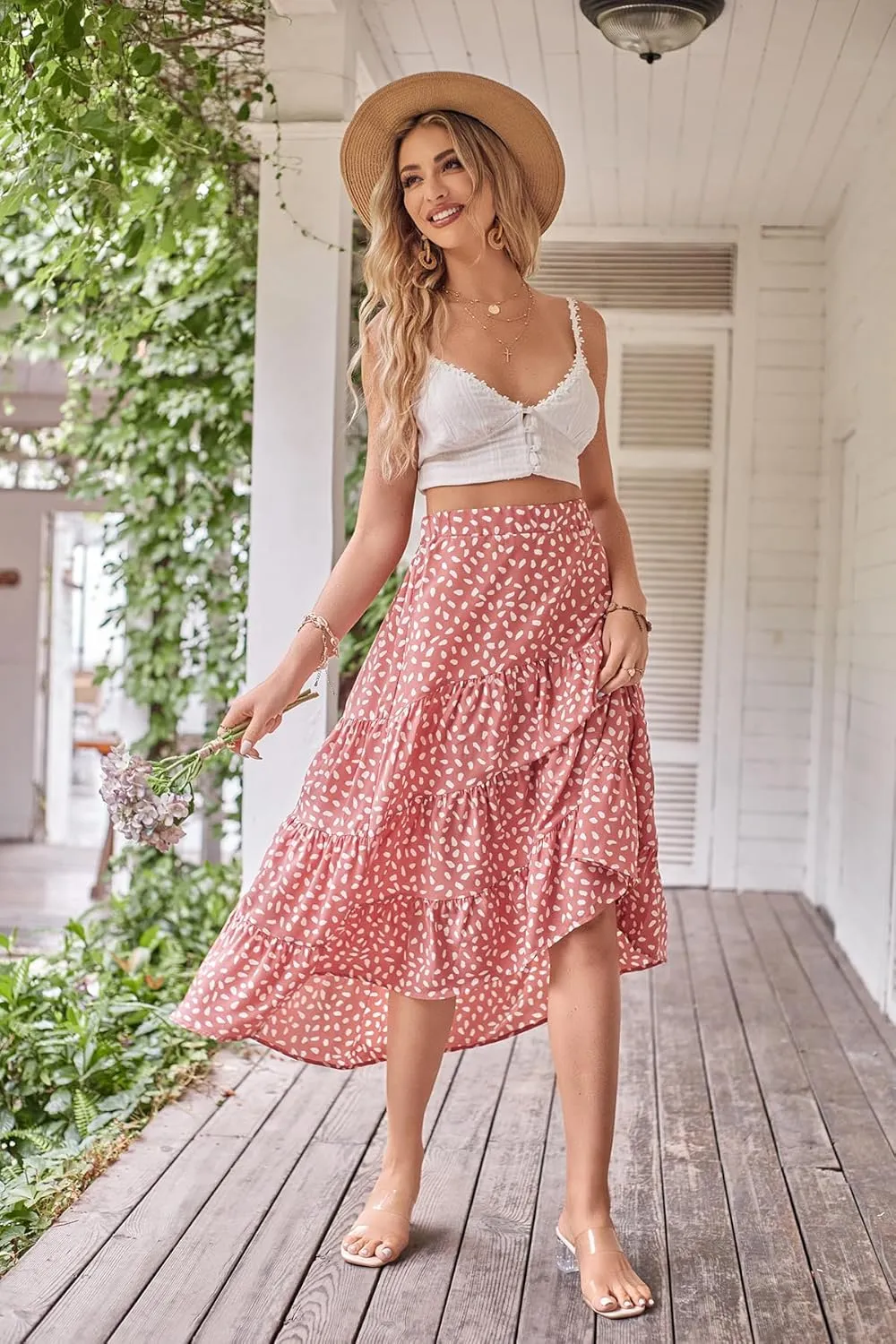 SimpleFun Women's Long Skirts Boho Floral Elastic High Waist Asymmetrical Hem Midi Skirt
