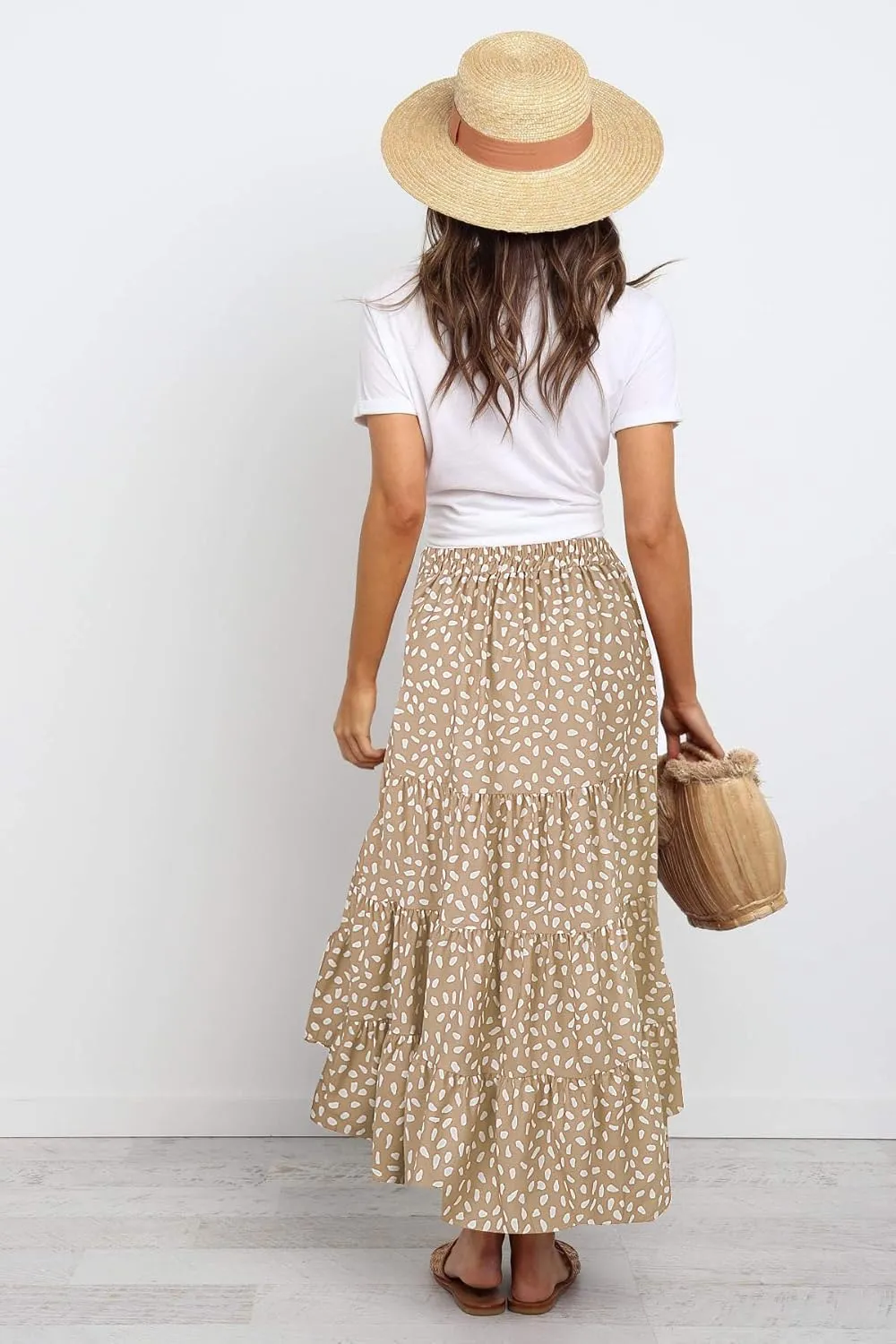 SimpleFun Women's Long Skirts Boho Floral Elastic High Waist Asymmetrical Hem Midi Skirt