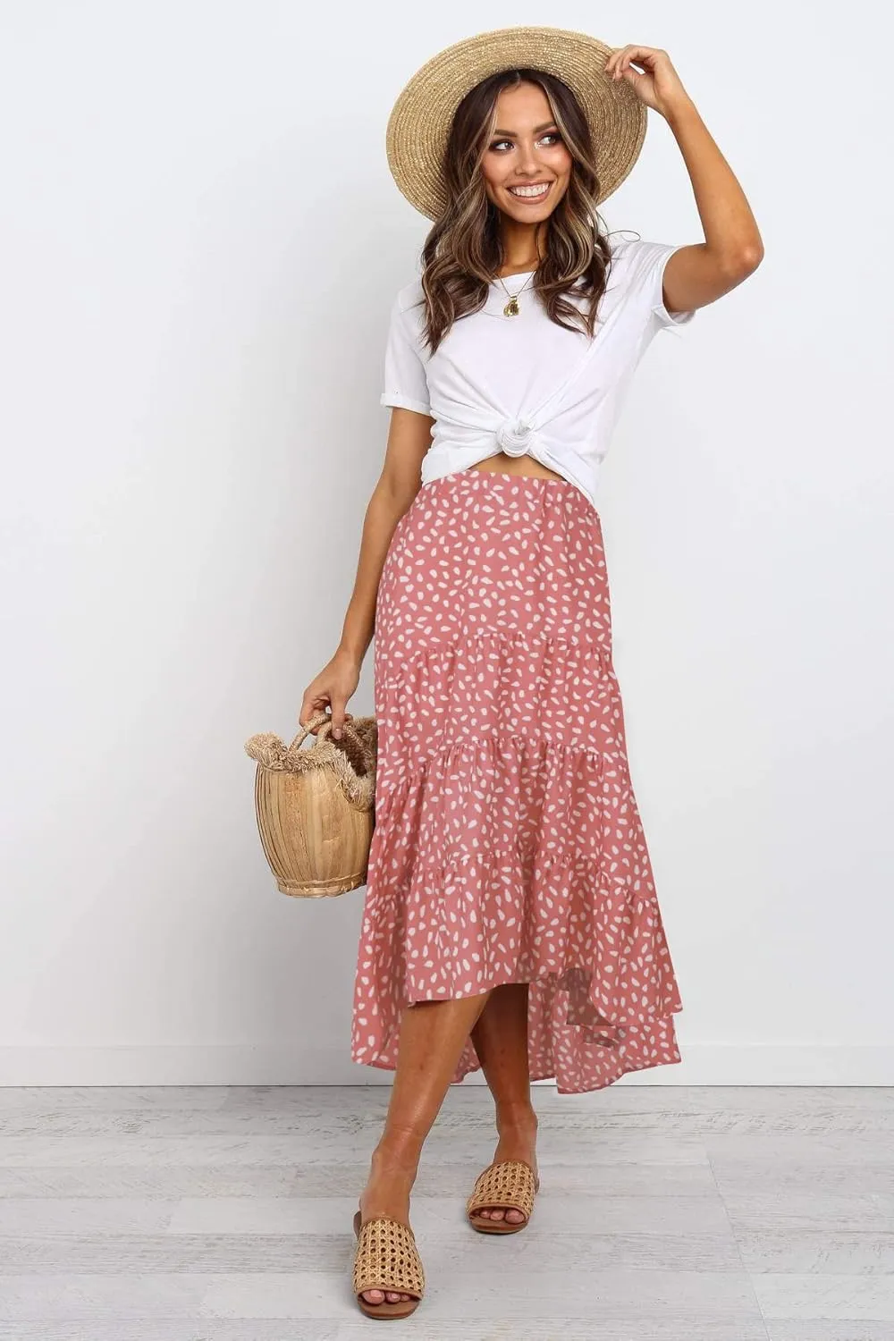 SimpleFun Women's Long Skirts Boho Floral Elastic High Waist Asymmetrical Hem Midi Skirt