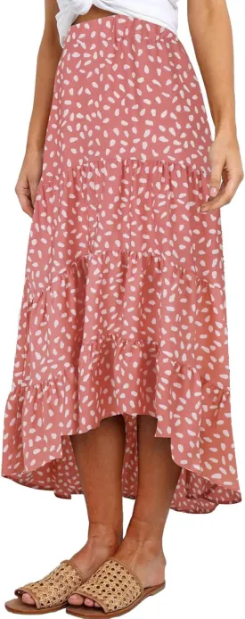 SimpleFun Women's Long Skirts Boho Floral Elastic High Waist Asymmetrical Hem Midi Skirt