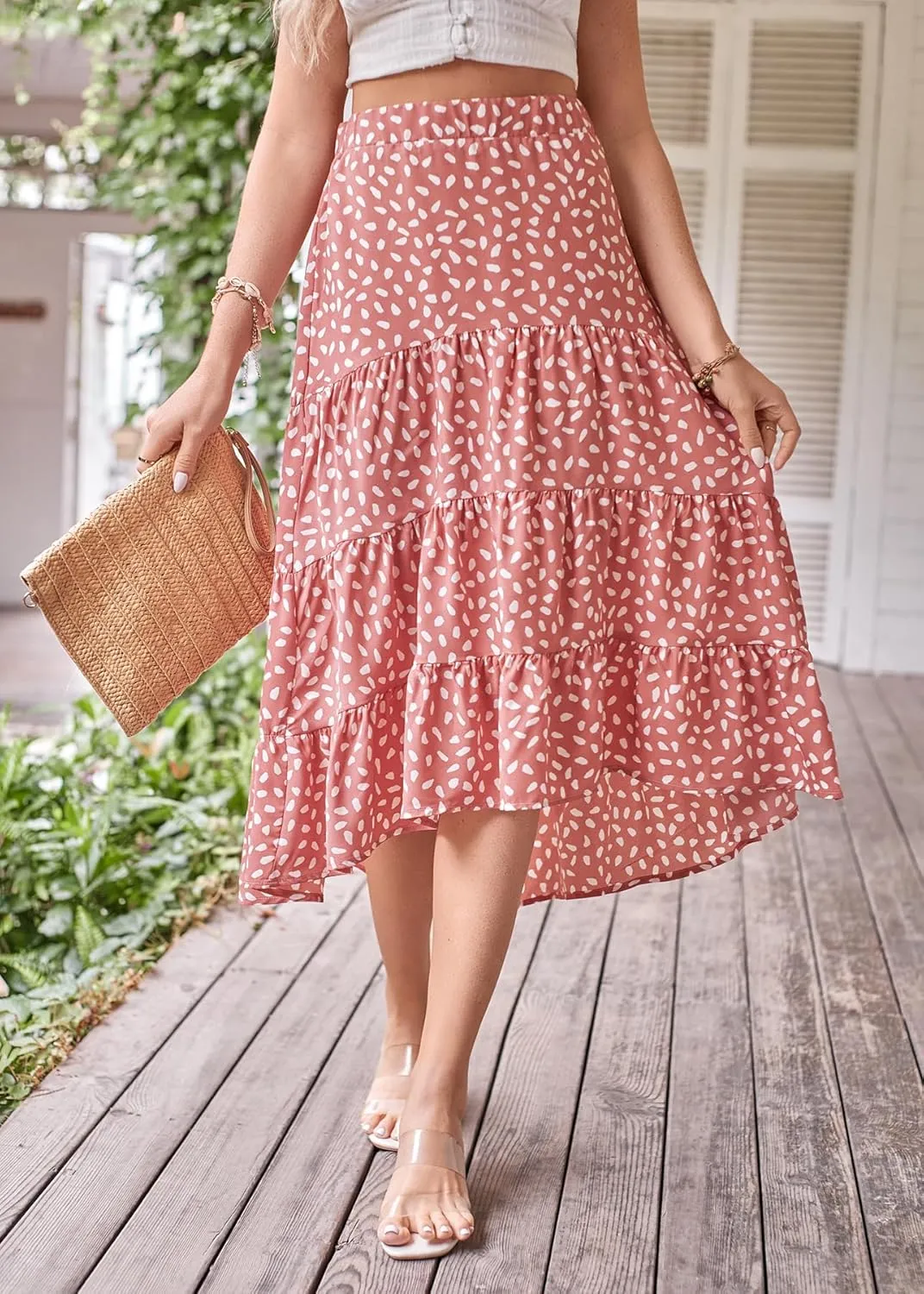 SimpleFun Women's Long Skirts Boho Floral Elastic High Waist Asymmetrical Hem Midi Skirt
