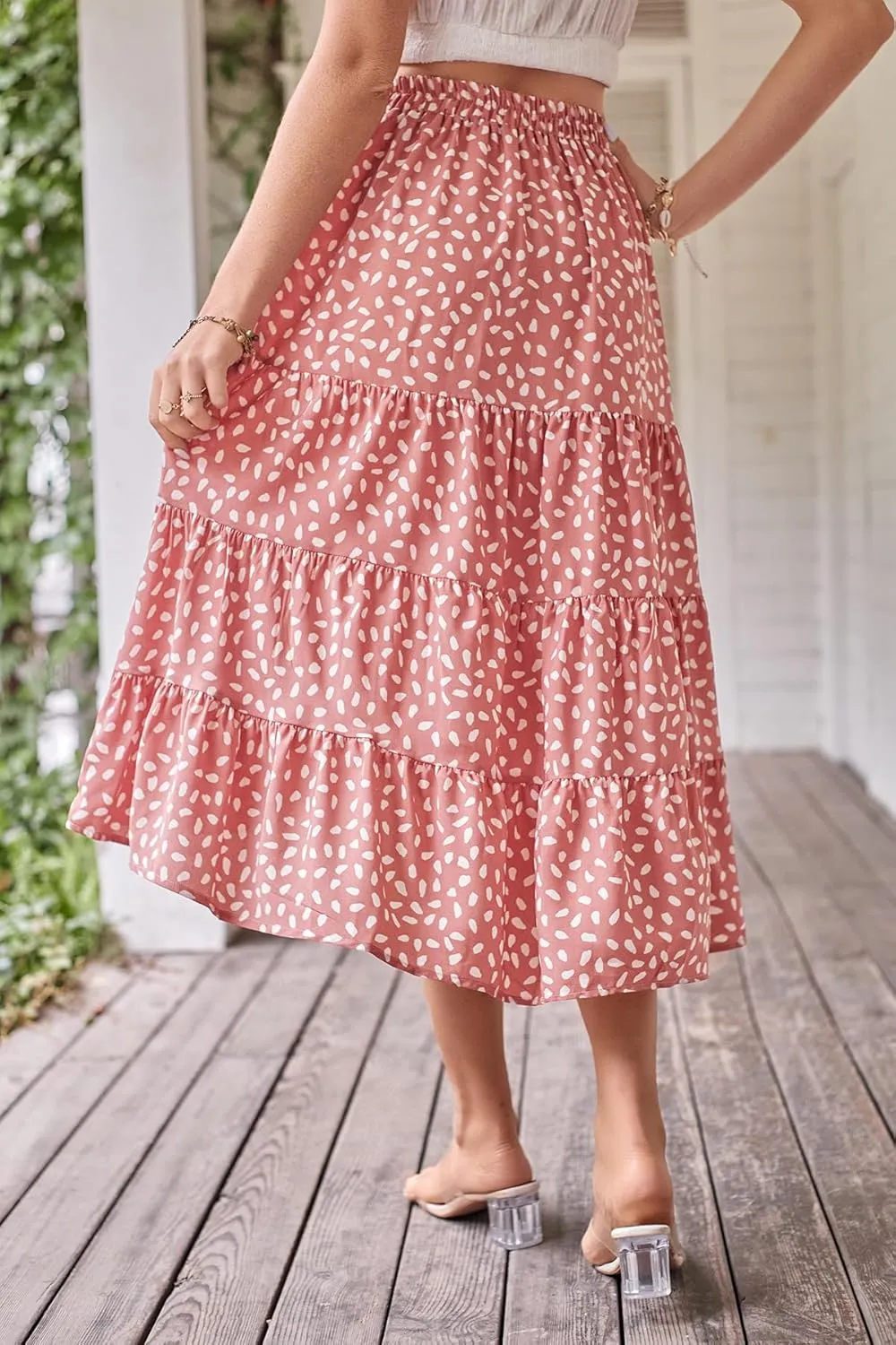 SimpleFun Women's Long Skirts Boho Floral Elastic High Waist Asymmetrical Hem Midi Skirt