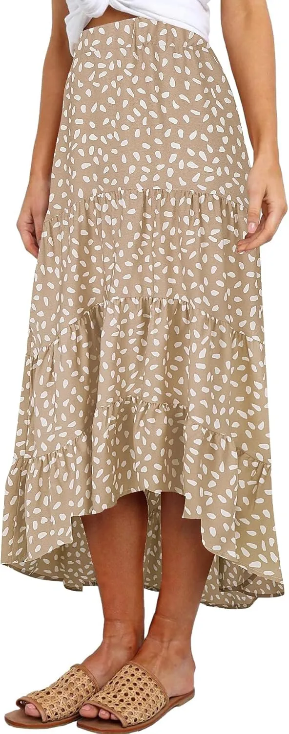 SimpleFun Women's Long Skirts Boho Floral Elastic High Waist Asymmetrical Hem Midi Skirt