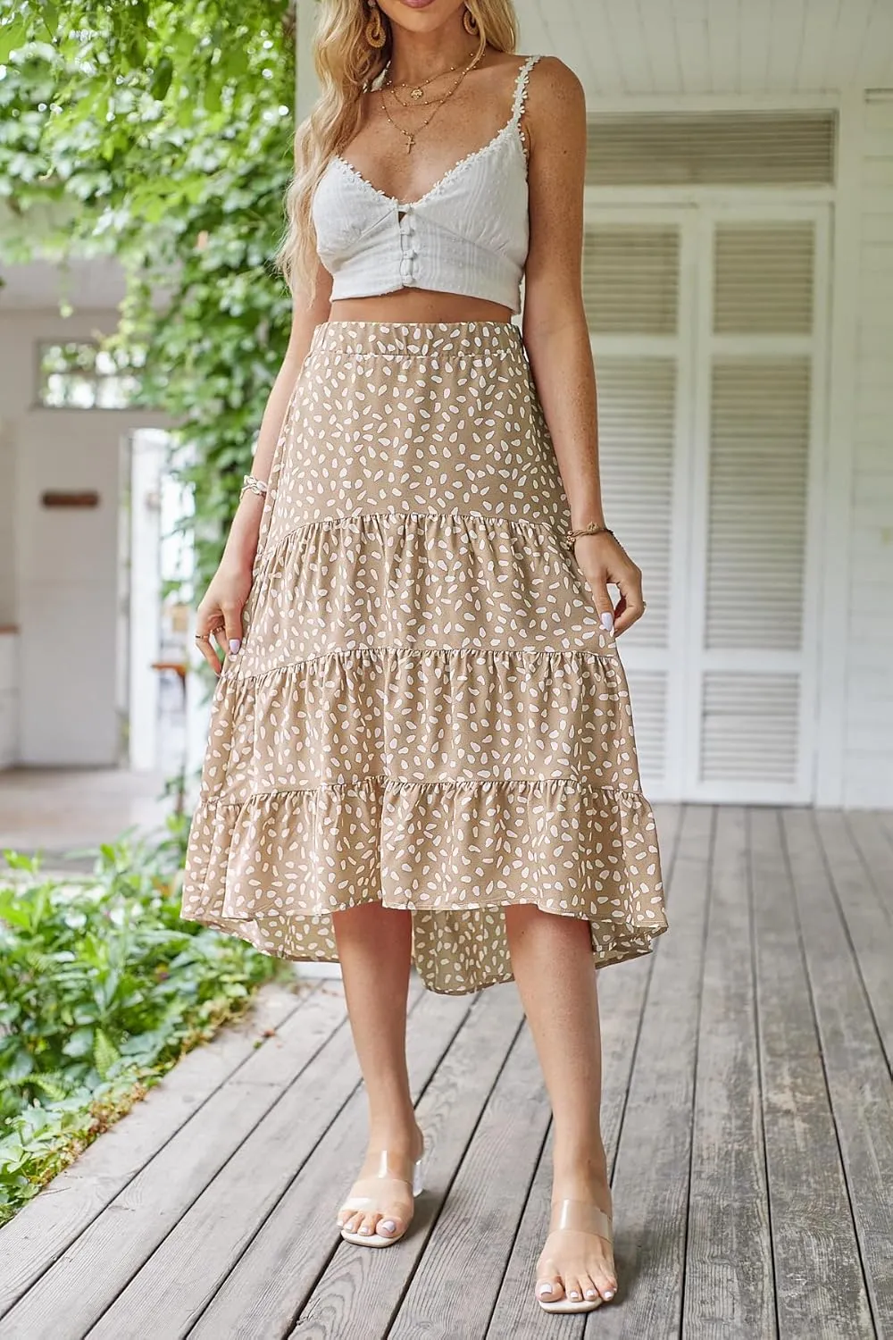 SimpleFun Women's Long Skirts Boho Floral Elastic High Waist Asymmetrical Hem Midi Skirt