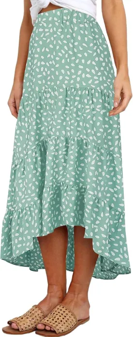 SimpleFun Women's Long Skirts Boho Floral Elastic High Waist Asymmetrical Hem Midi Skirt