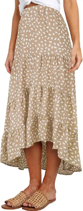 SimpleFun Women's Long Skirts Boho Floral Elastic High Waist Asymmetrical Hem Midi Skirt