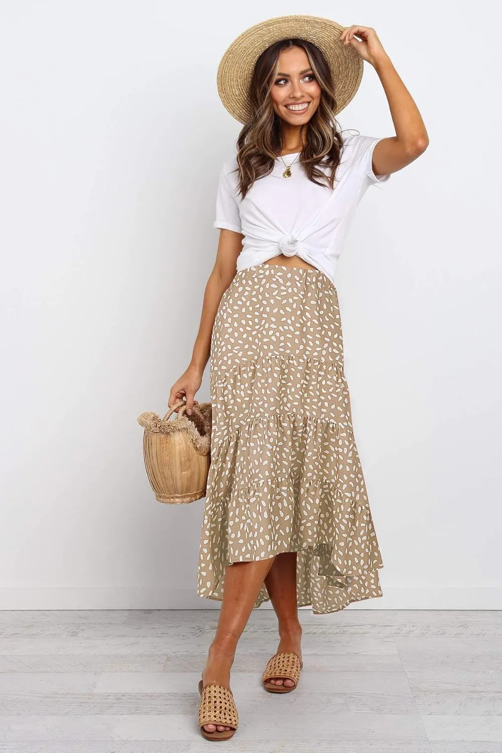 SimpleFun Women's Long Skirts Boho Floral Elastic High Waist Asymmetrical Hem Midi Skirt