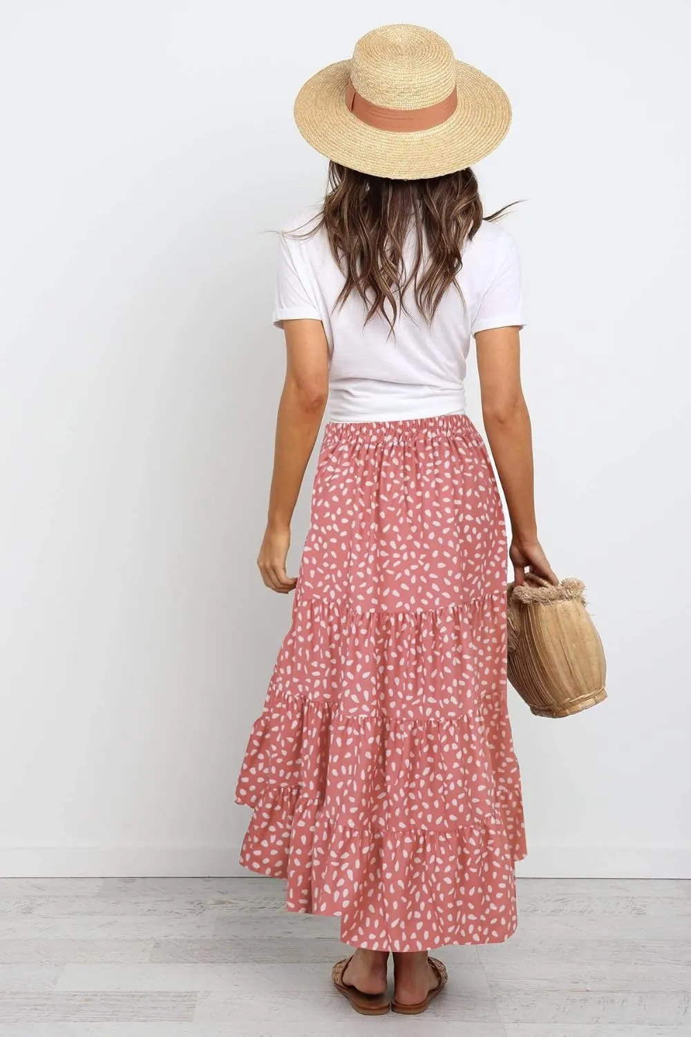 SimpleFun Women's Long Skirts Boho Floral Elastic High Waist Asymmetrical Hem Midi Skirt