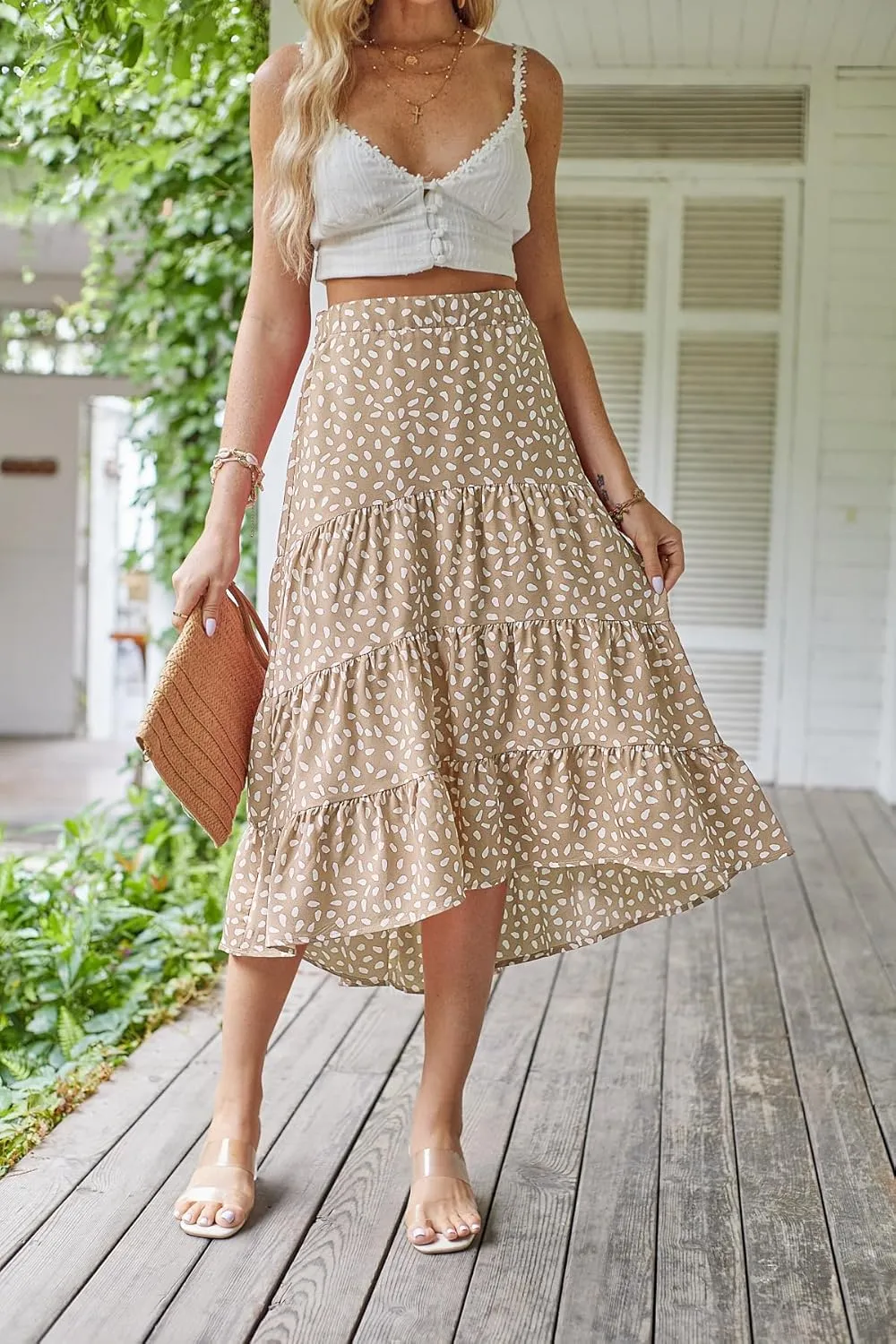 SimpleFun Women's Long Skirts Boho Floral Elastic High Waist Asymmetrical Hem Midi Skirt