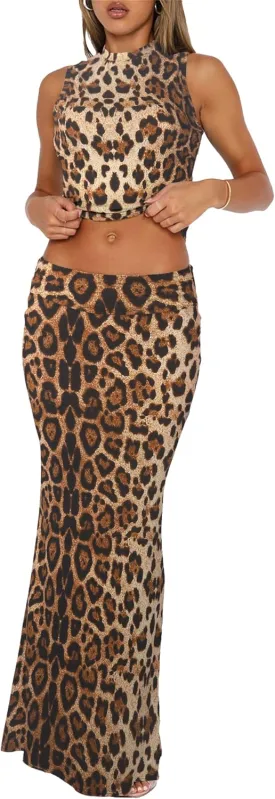 Skirt Sets Women 2 Piece Outfits - Sexy Two Pc Sleeveless Tank Crop Top Fold Over Maxi Long Skirts