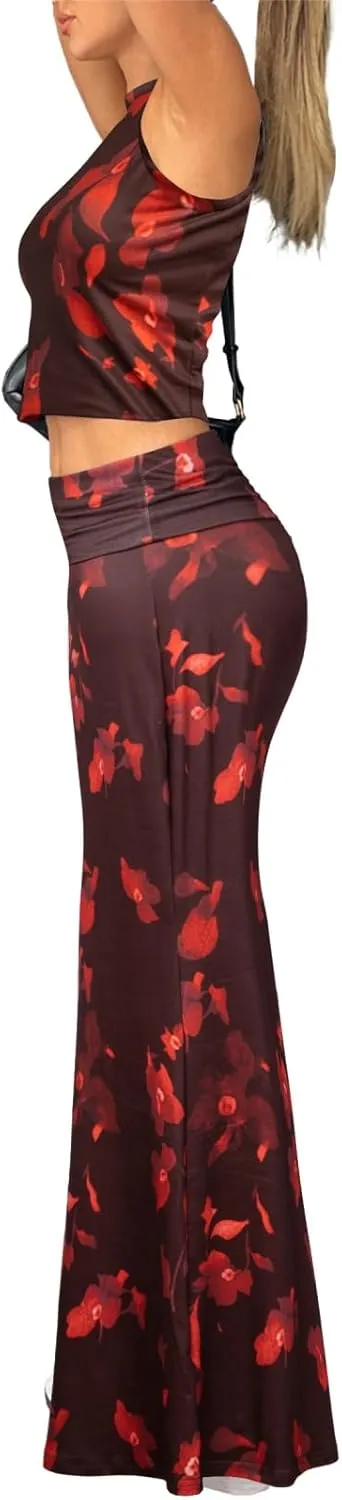 Skirt Sets Women 2 Piece Outfits - Sexy Two Pc Sleeveless Tank Crop Top Fold Over Maxi Long Skirts