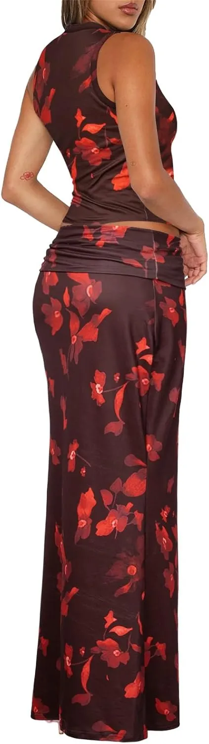 Skirt Sets Women 2 Piece Outfits - Sexy Two Pc Sleeveless Tank Crop Top Fold Over Maxi Long Skirts