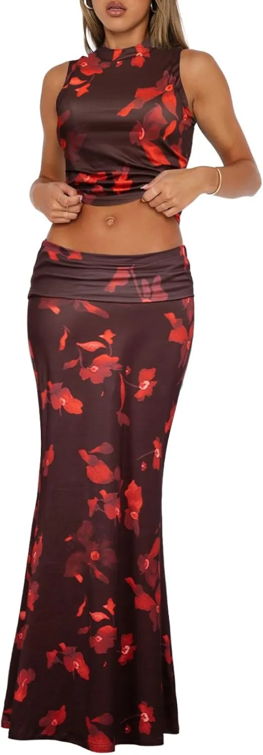 Skirt Sets Women 2 Piece Outfits - Sexy Two Pc Sleeveless Tank Crop Top Fold Over Maxi Long Skirts