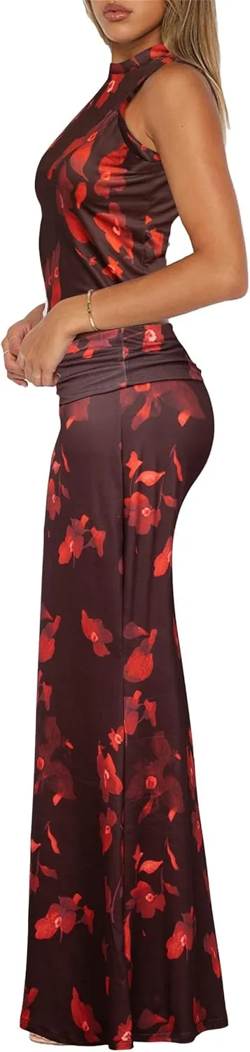 Skirt Sets Women 2 Piece Outfits - Sexy Two Pc Sleeveless Tank Crop Top Fold Over Maxi Long Skirts