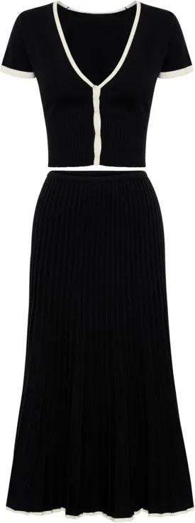 Tanming Women's Two Piece Skirt Set Casual Short Sleeve Crop Top Ribbed Knit Midi Pleated Skirt