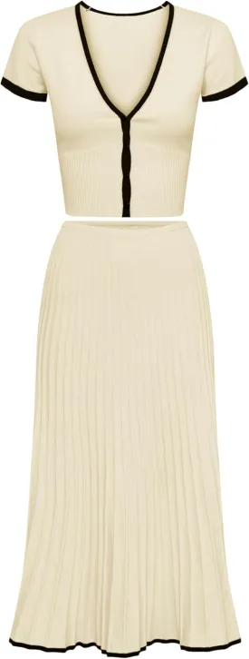 Tanming Women's Two Piece Skirt Set Casual Short Sleeve Crop Top Ribbed Knit Midi Pleated Skirt