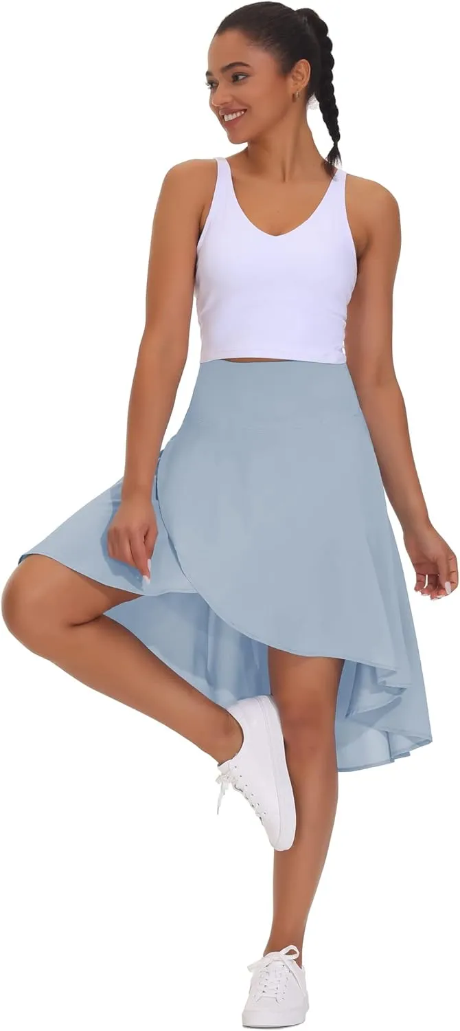 THE GYM PEOPLE Women's High Waist Wrap Ruffle Hem Asymmetric Skort High Low Flowy Midi Skirt with Shorts