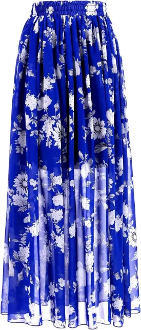 Topdress Women's Chiffon Skirts Elastic High Waist Tea Length A-line Ruffle Beach Skirts