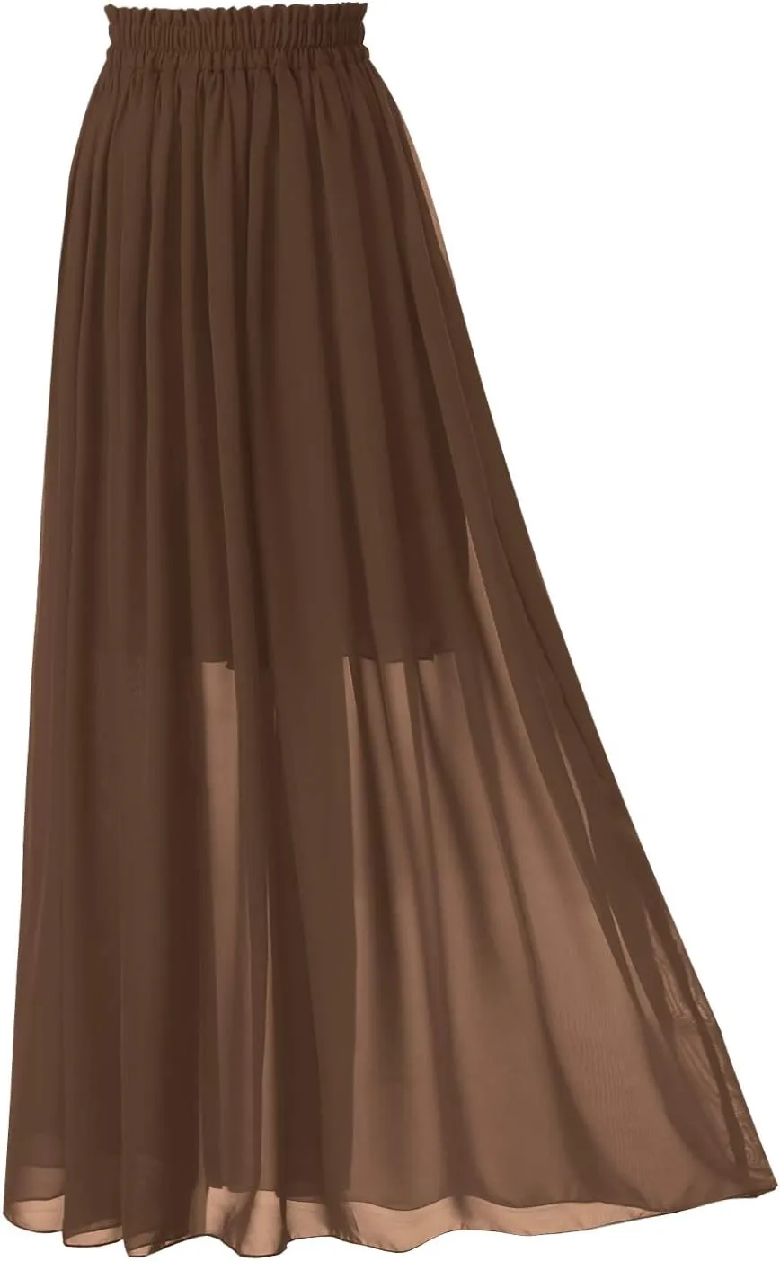 Topdress Women's Chiffon Skirts Elastic High Waist Tea Length A-line Ruffle Beach Skirts