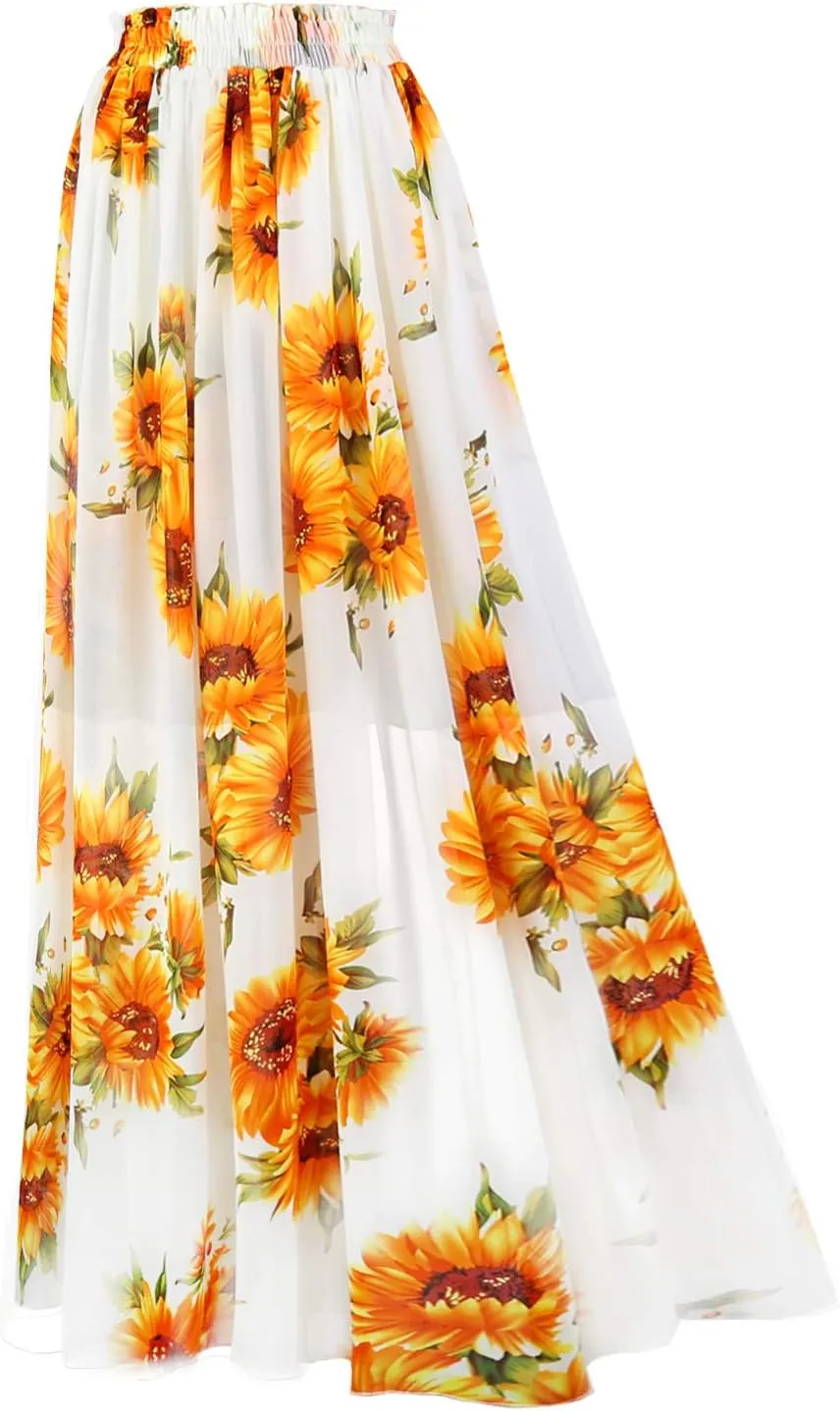 Topdress Women's Chiffon Skirts Elastic High Waist Tea Length A-line Ruffle Beach Skirts