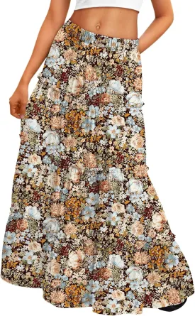 Trendy Queen Long Skirts for Women Boho Maxi Skirt Summer Swing Tiered A-Line Elastic High Waist Dress with Pockets Fashion
