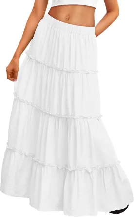 Trendy Queen Long Skirts for Women Boho Maxi Skirt Summer Swing Tiered A-Line Elastic High Waist Dress with Pockets Fashion