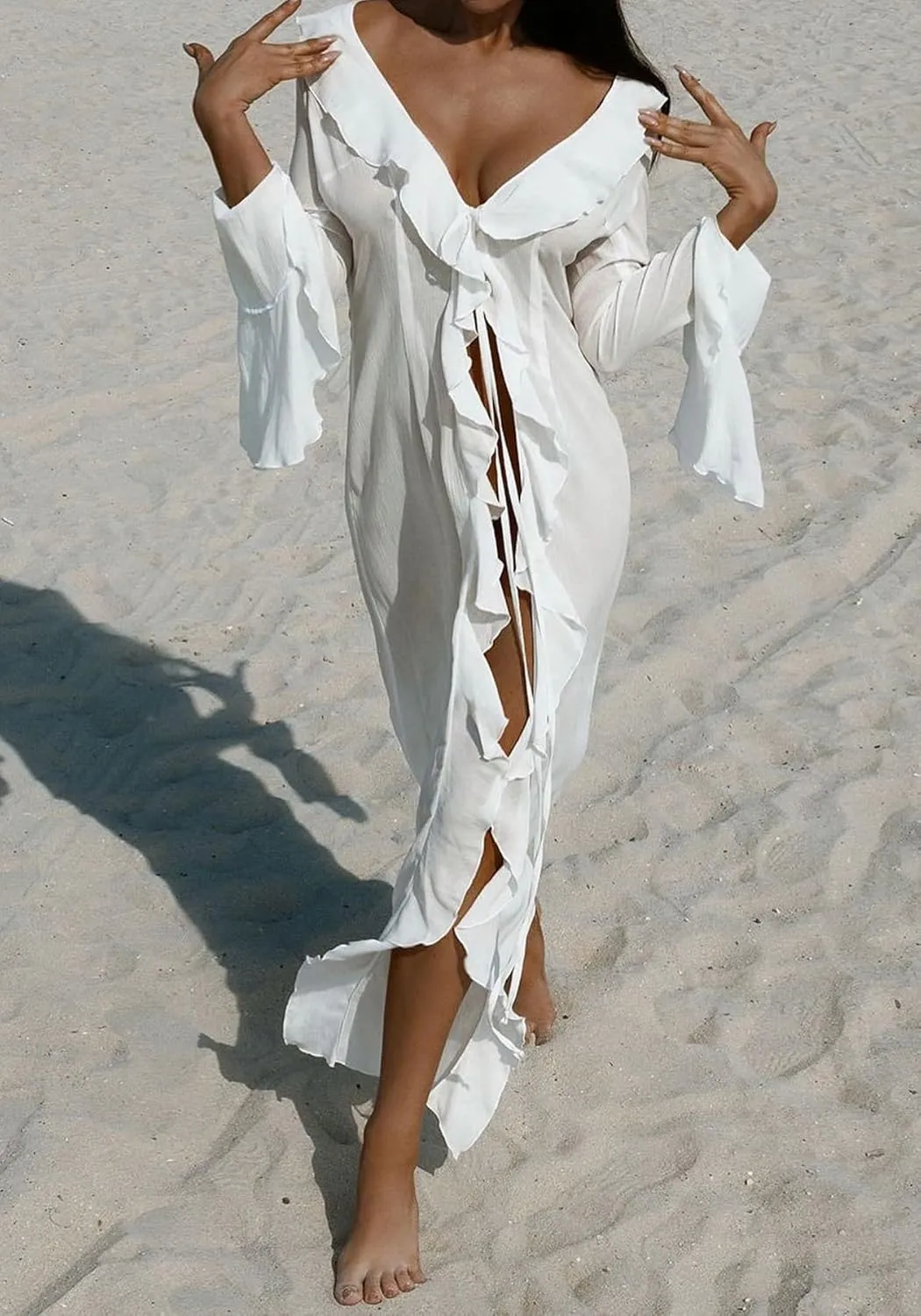 Unybwonn Women Sheer Maxi Kimono Cardigan Mesh Ruffle Flowy Duster Beach Swimsuit Cover up Dress Chiffon Long Kimonos