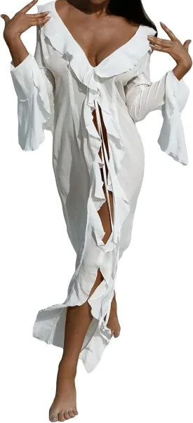 Unybwonn Women Sheer Maxi Kimono Cardigan Mesh Ruffle Flowy Duster Beach Swimsuit Cover up Dress Chiffon Long Kimonos