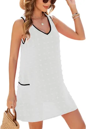 Urchics Swimsuit Coverup for Women 2025 Summer Beach Bathing Suit Cover Up Swiss Dot Sleeveless V Neck Tank Mini Sun Dress