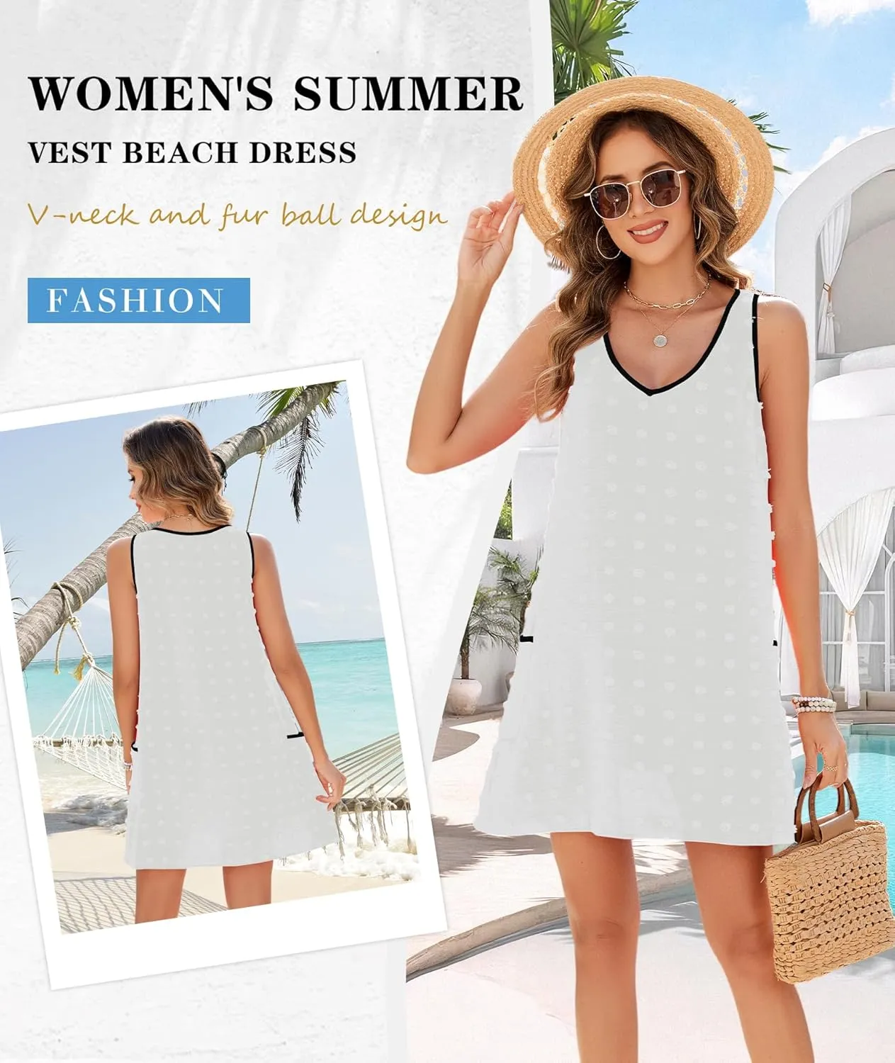 Urchics Swimsuit Coverup for Women 2025 Summer Beach Bathing Suit Cover Up Swiss Dot Sleeveless V Neck Tank Mini Sun Dress