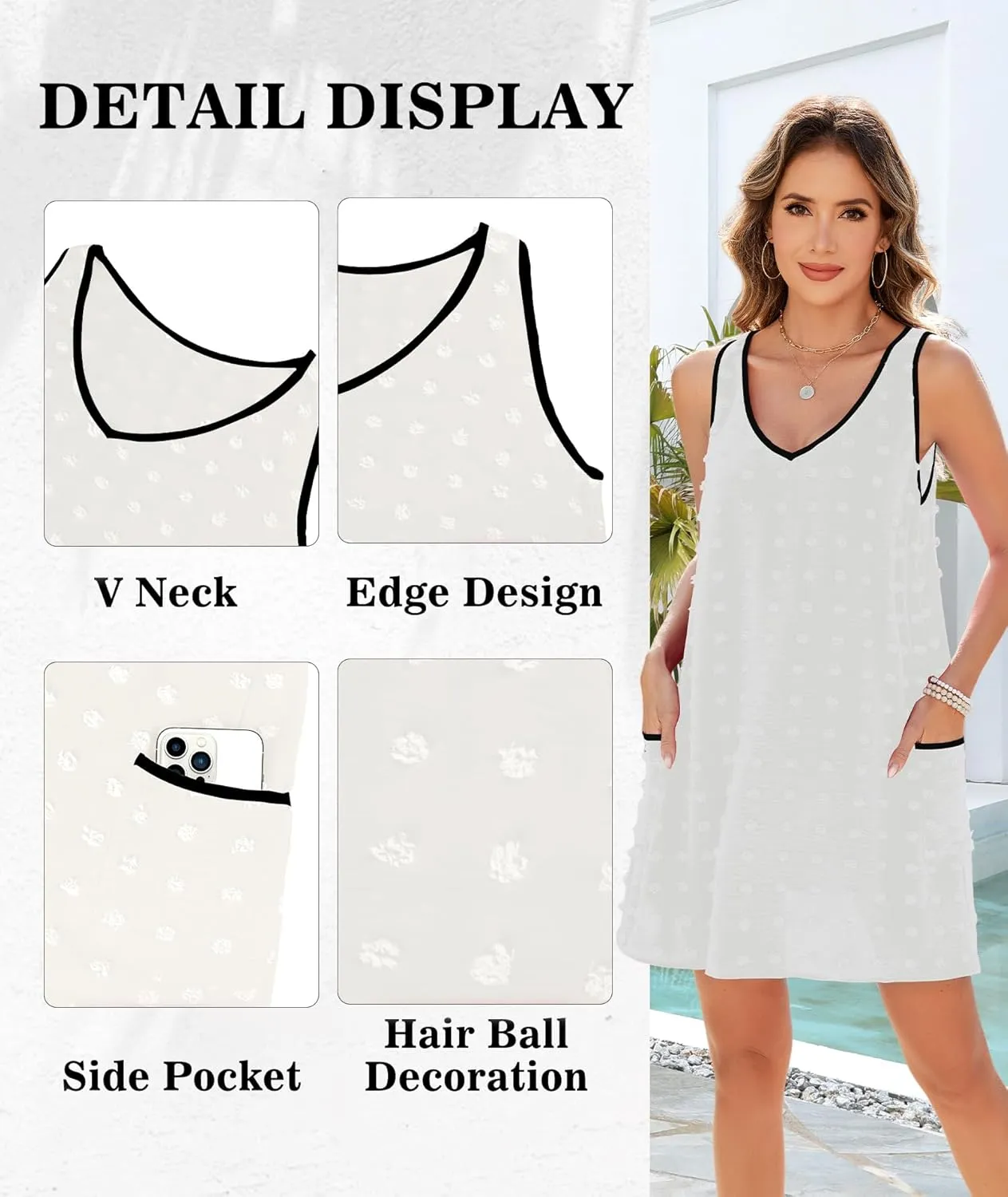Urchics Swimsuit Coverup for Women 2025 Summer Beach Bathing Suit Cover Up Swiss Dot Sleeveless V Neck Tank Mini Sun Dress