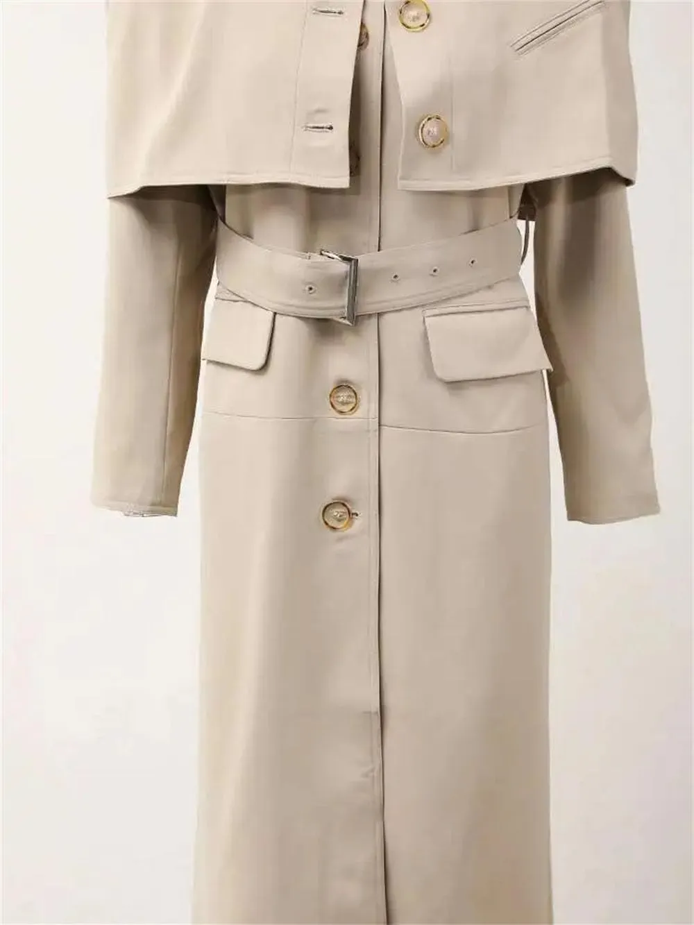 Women Coat Doufeng Two-Piece Long Trench Solid Single Breasted Trenchcoats Lapel High Street Jacket
