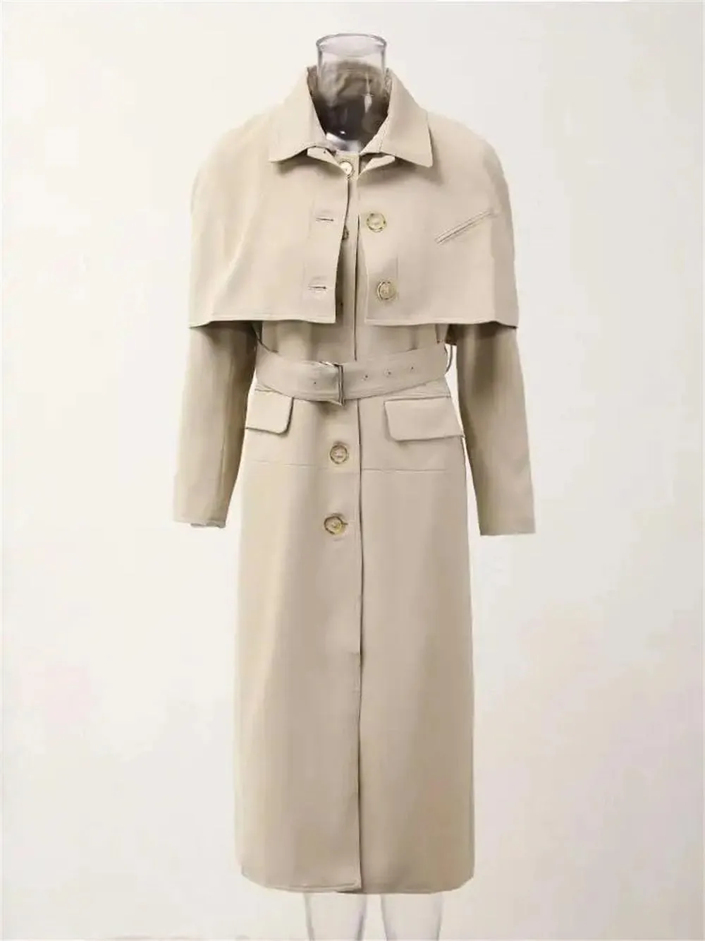 Women Coat Doufeng Two-Piece Long Trench Solid Single Breasted Trenchcoats Lapel High Street Jacket