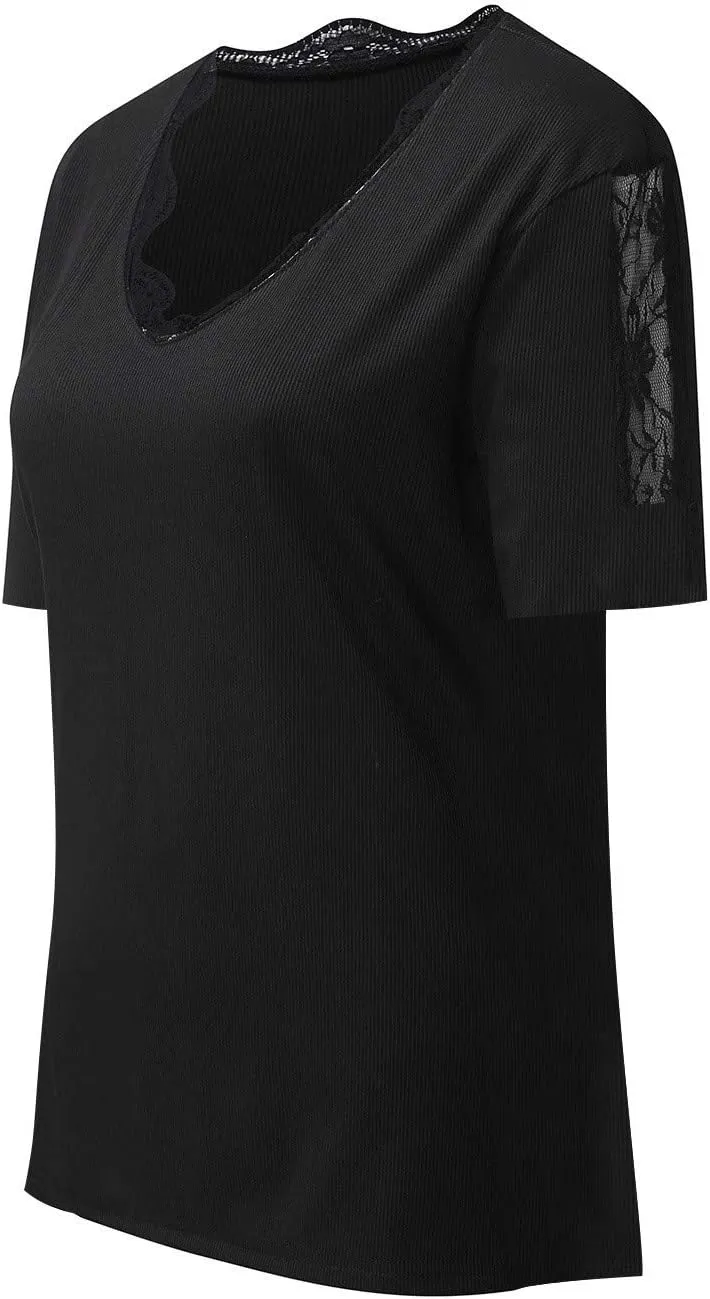 Women Pullover Blouse Short Off Sleeved Shoulder Commuting Bottoming Lace V-Neck Women's Blouse Shirt Pack for
