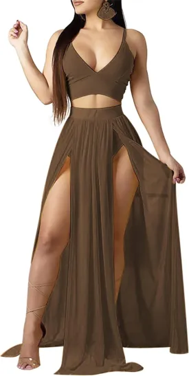 Women Sexy 2 Piece Outfits Dress Chiffon Strap Deep V Neck Bra Crop Top High Split Maxi Dresses Skirt Set