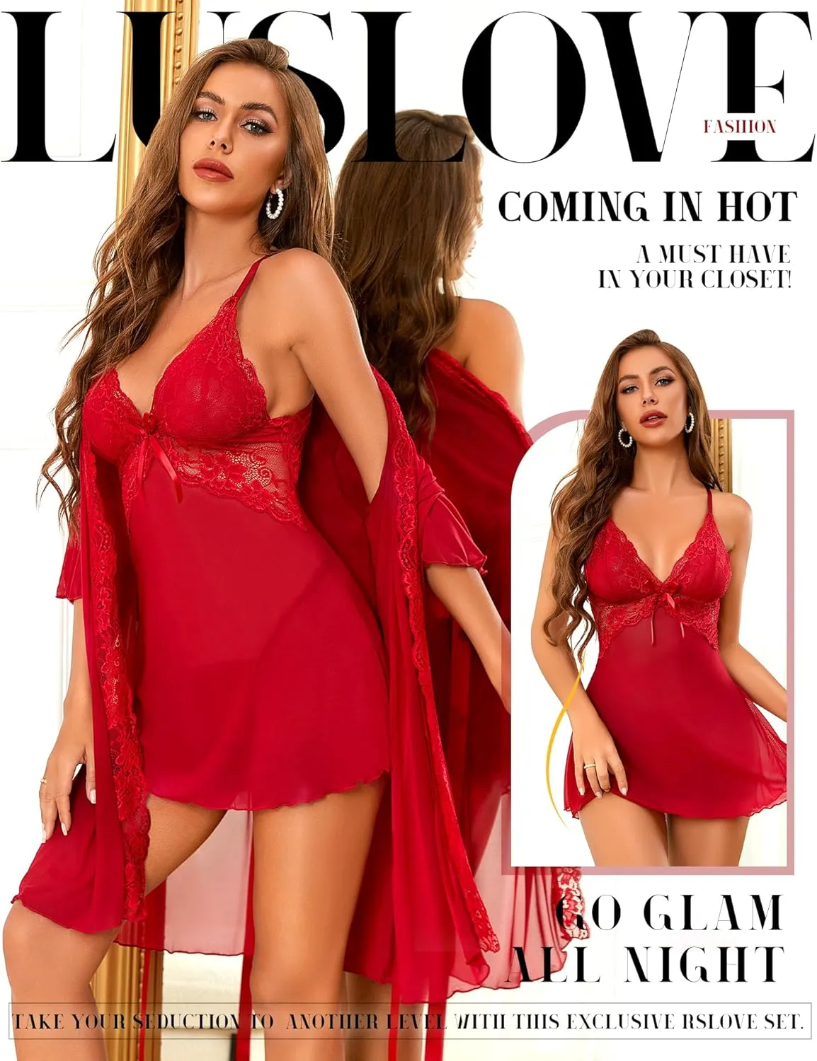 Women Sexy Lingerie Set 3 Piece Babydoll & Lace Kimono Robe Strap Chemise Nightgown Mesh Sleepwear