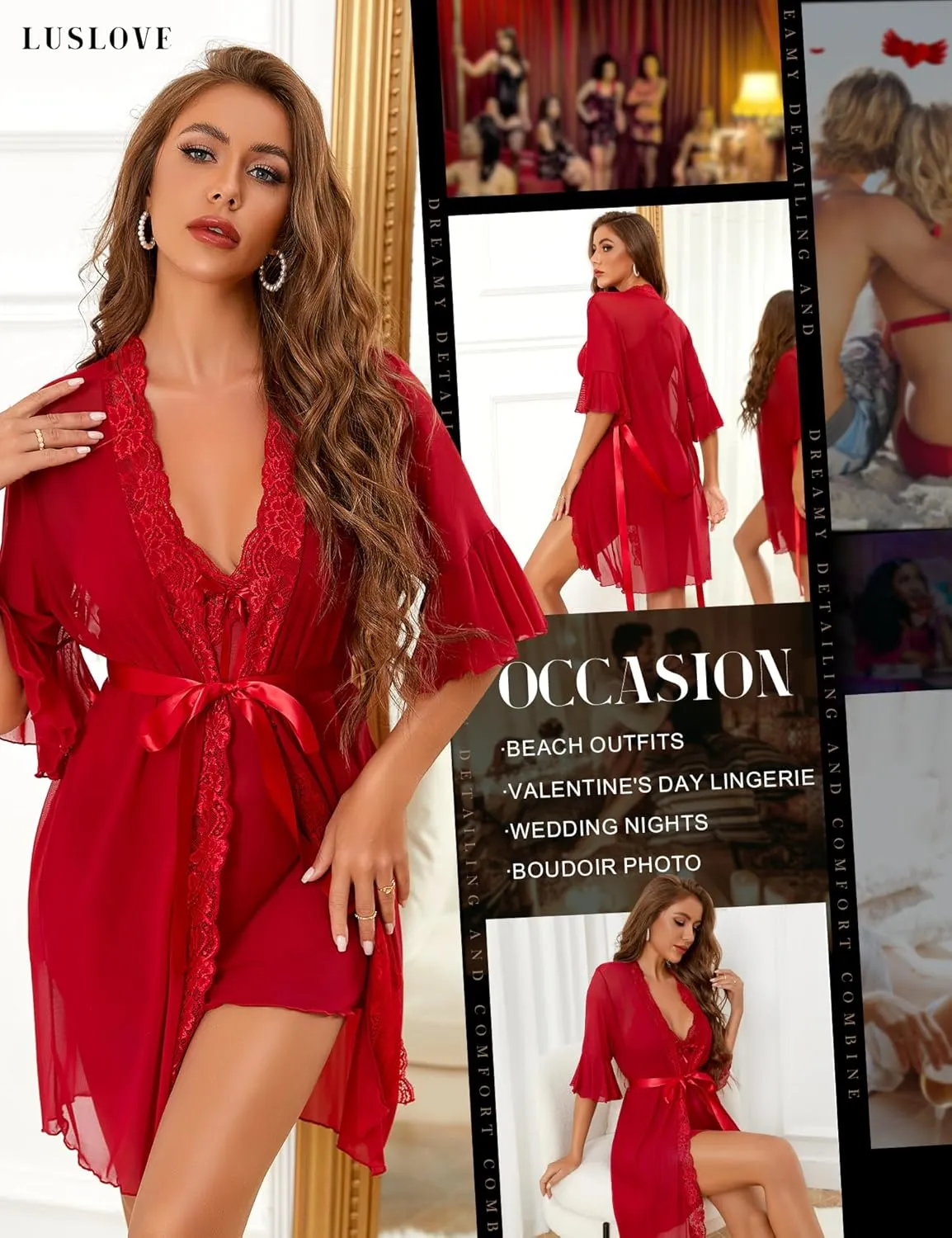 Women Sexy Lingerie Set 3 Piece Babydoll & Lace Kimono Robe Strap Chemise Nightgown Mesh Sleepwear