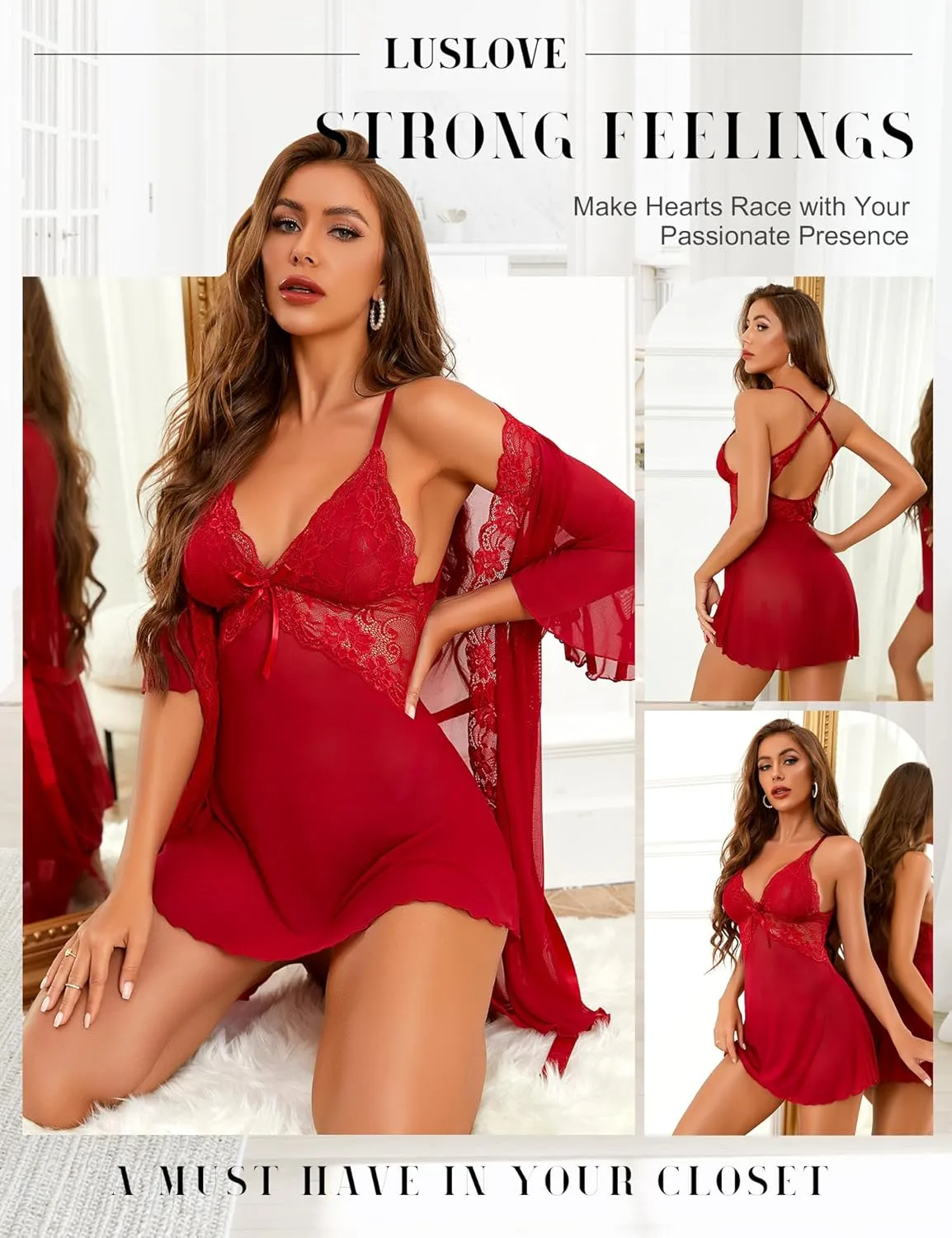 Women Sexy Lingerie Set 3 Piece Babydoll & Lace Kimono Robe Strap Chemise Nightgown Mesh Sleepwear