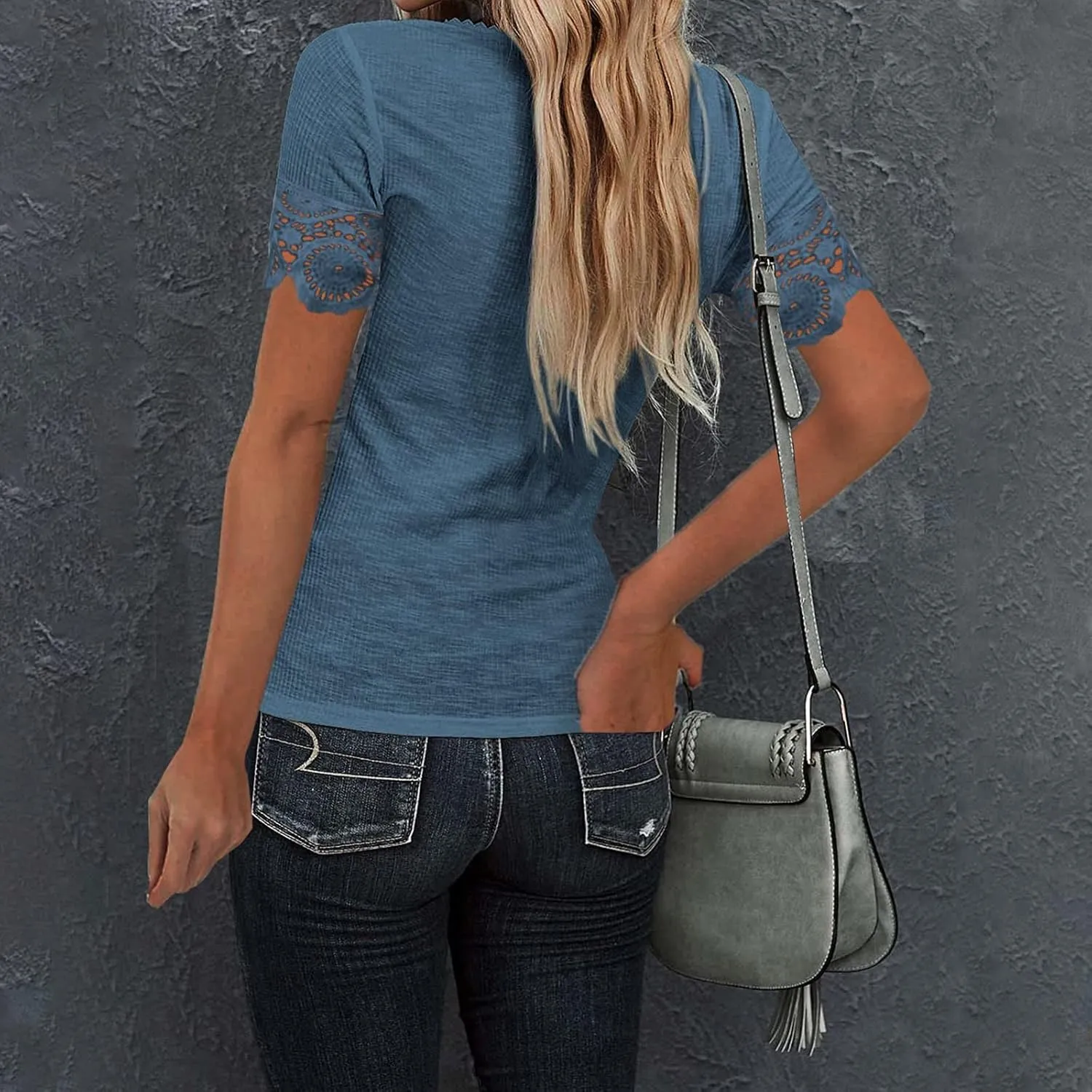 Women's Blouse Casual Buttons Short Sleeve Round Neck Fashion Summer Solid Color Lace Womens Mock Neck Tops Long