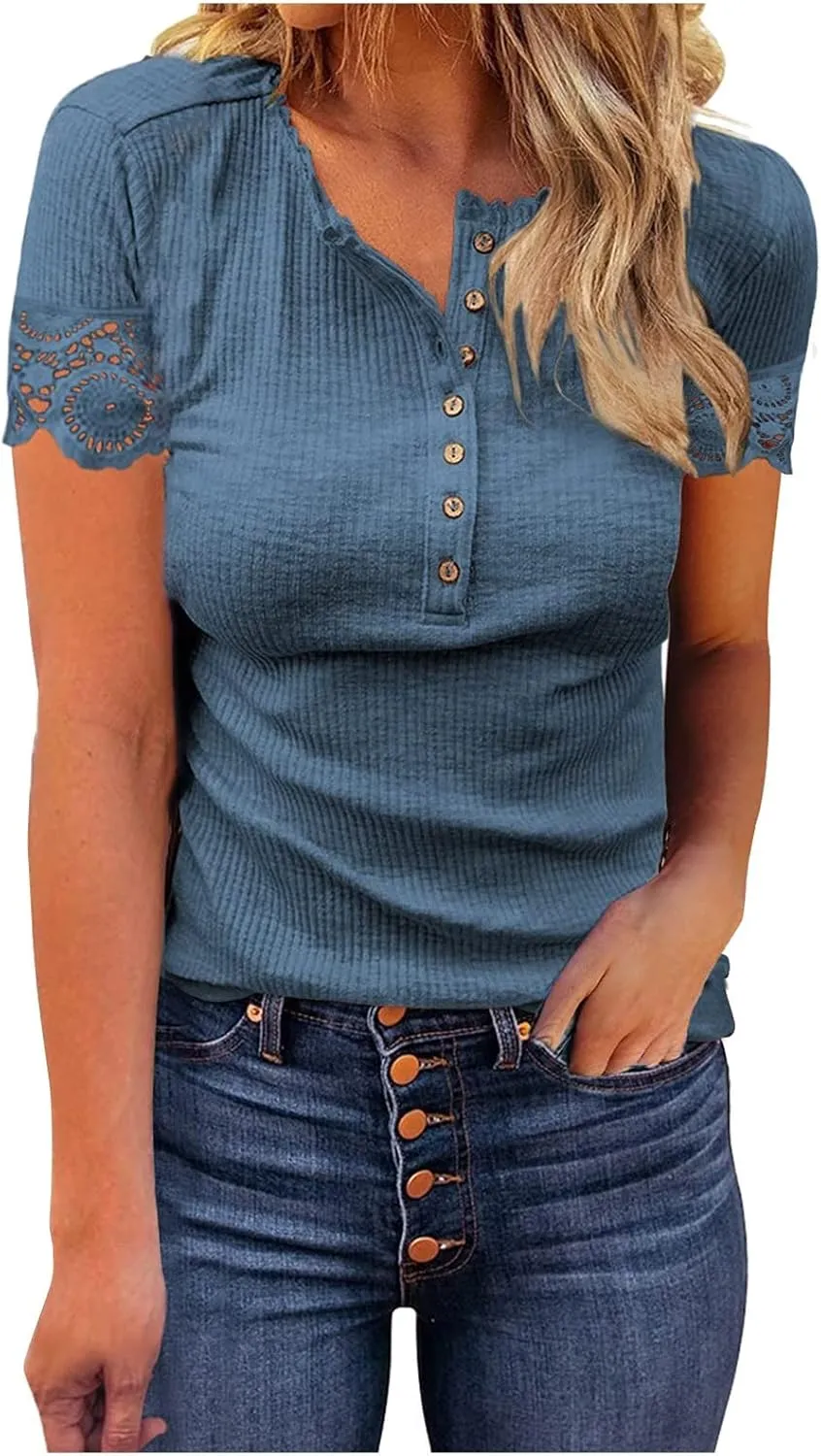 Women's Blouse Casual Buttons Short Sleeve Round Neck Fashion Summer Solid Color Lace Womens Mock Neck Tops Long