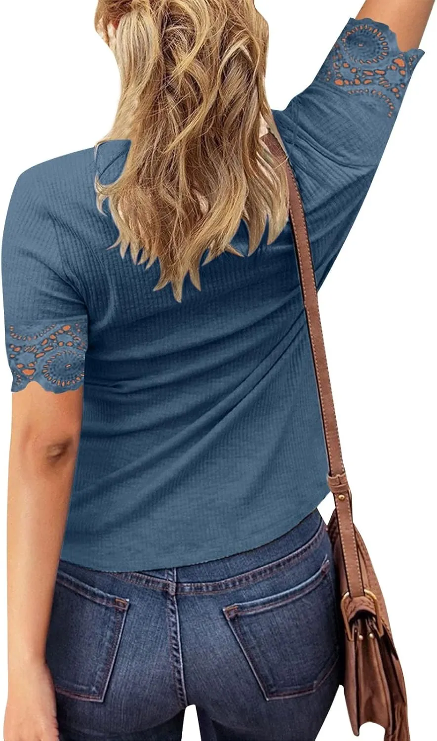 Women's Blouse Casual Buttons Short Sleeve Round Neck Fashion Summer Solid Color Lace Womens Mock Neck Tops Long