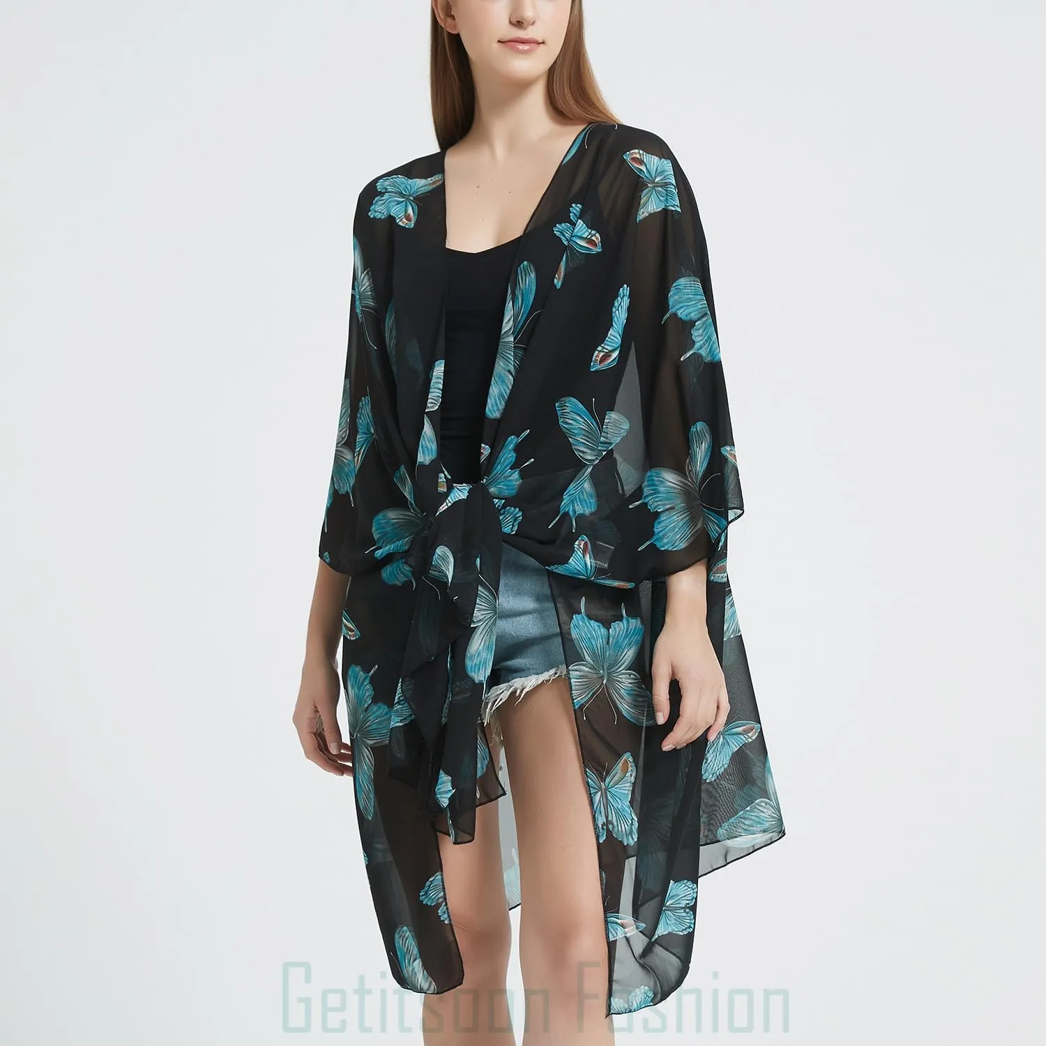 Women's Bohemian Floral Chiffon Beach Cover up Swimsuit Kimono Summer Swimwear Cardigans